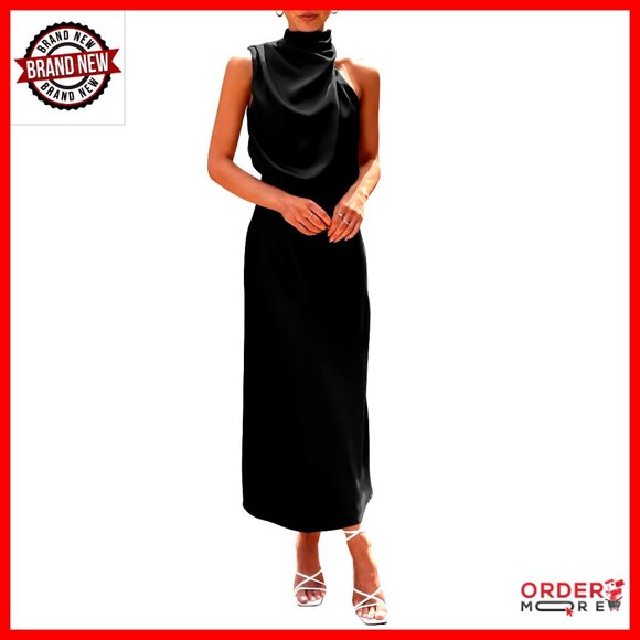 Satin Maxi Dress Elegant Sleeveless Mock Neck Formal Party Wear